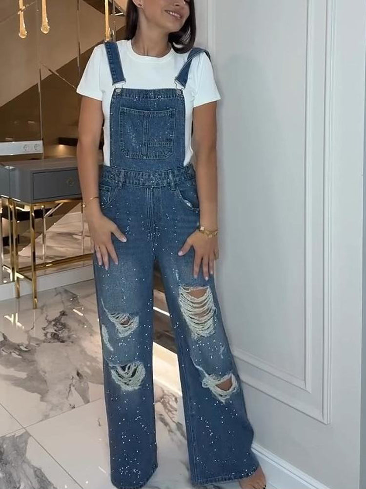Ripped Denim Overalls-ROVOLE