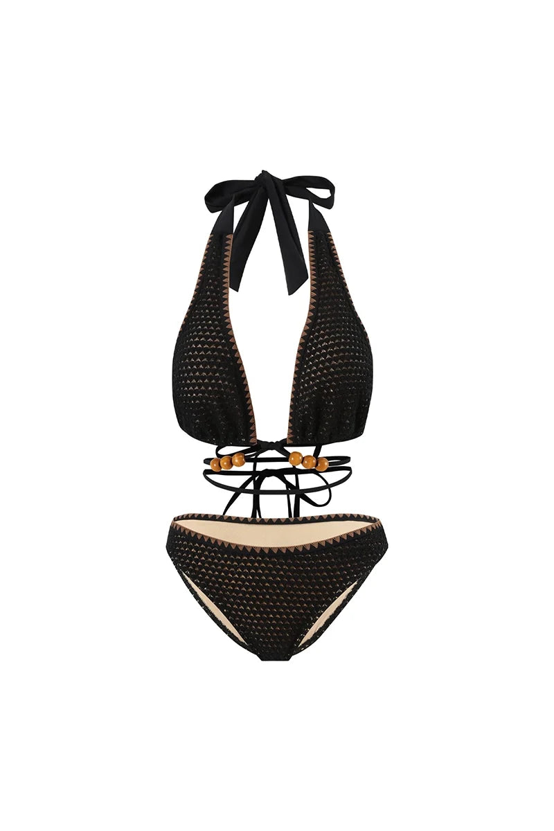 Beaded Knit Tie-String Black Bikini Set-ROVOLE