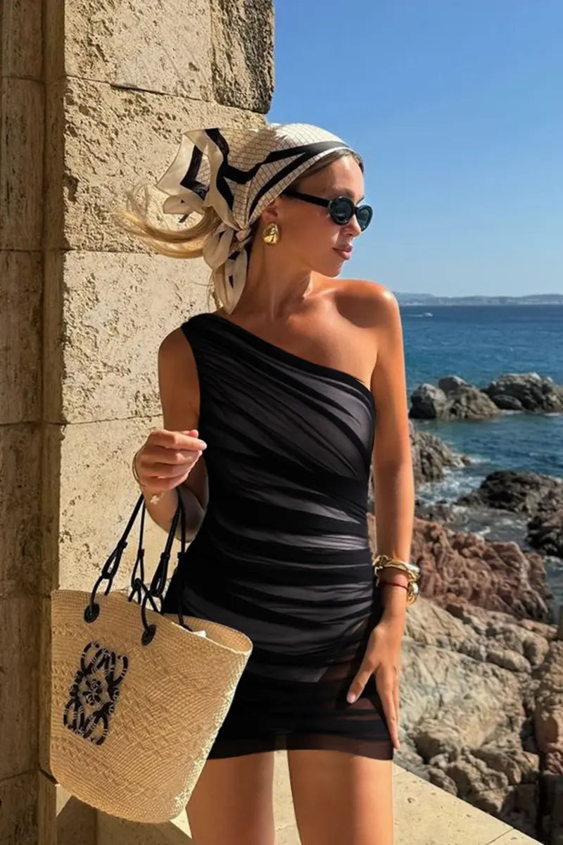 Black Mesh One Piece Swimsuit Set-ROVOLE