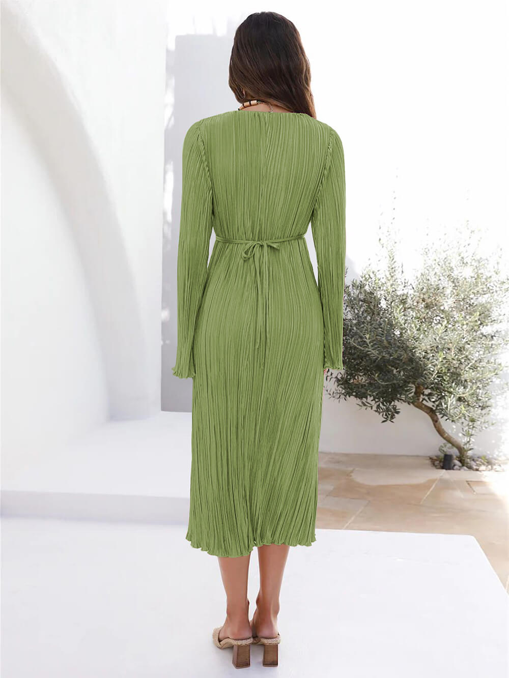 Mountain Vistas Draped Pleated Bell-Sleeve Midi Dress-Massicos