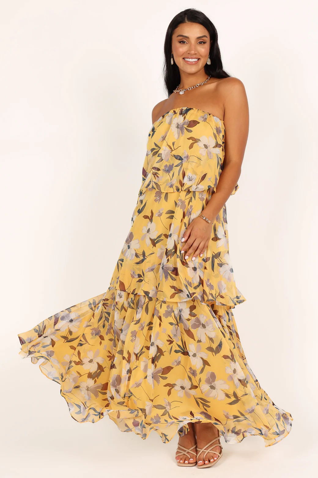 Calista Green Bloom Strapless Tiered Maxi Dress-ROVOLE
