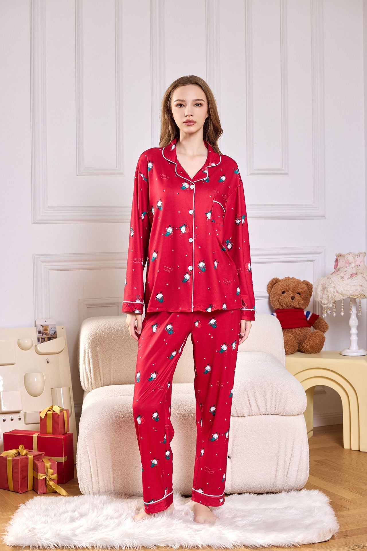 Pink Candy Cane Print Satin Long PJ Set-ROVOLE