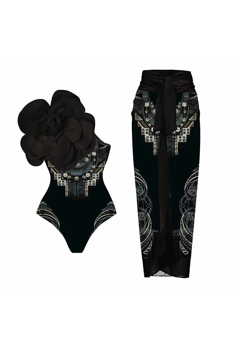 Floral Print One-Piece with 3D Black Flower-ROVOLE
