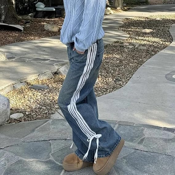 Low Waist Loose Side Striped Bow Wide-Leg Jeans-Massicos