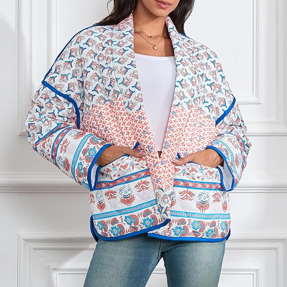 Lapel Printed Patchwork Quilted Thin Jacket-Massicos