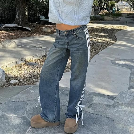 Low Waist Loose Side Striped Bow Wide-Leg Jeans-Massicos