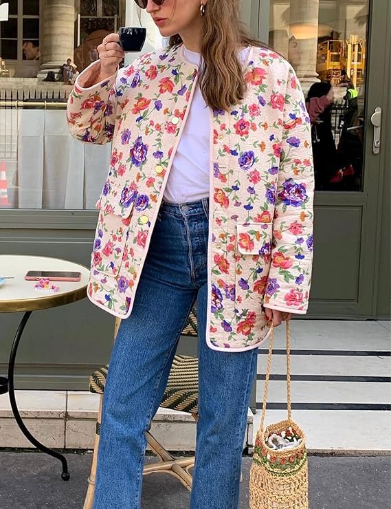 Floral Print Embossed Pockets Cotton Jacket-Massicos
