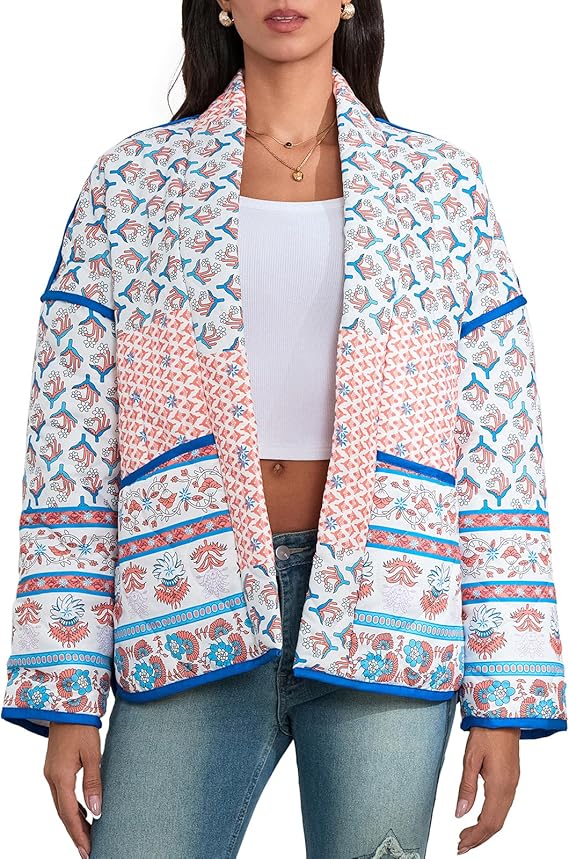 Lapel Printed Patchwork Quilted Thin Jacket-Massicos