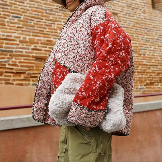 Ethnic style Floral Print Color Contrast Quilted Jacket-Massicos