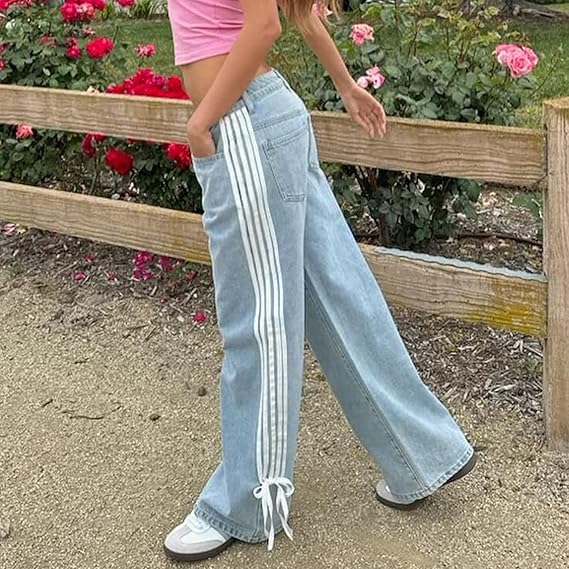 Low Waist Loose Side Striped Bow Wide-Leg Jeans-Massicos