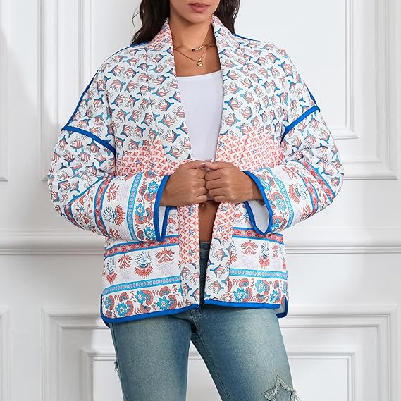 Lapel Printed Patchwork Quilted Thin Jacket-Massicos