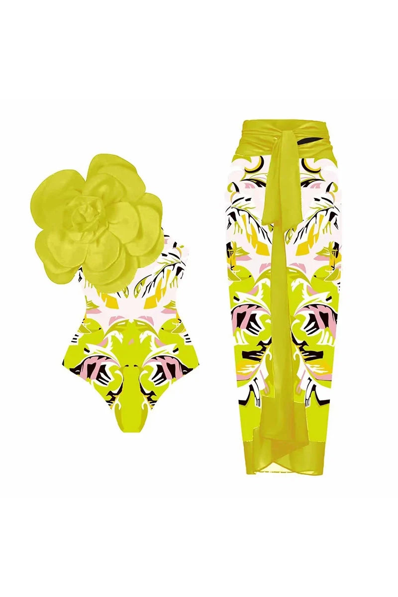 Floral Print One-Piece with 3D Yellow Flower-ROVOLE