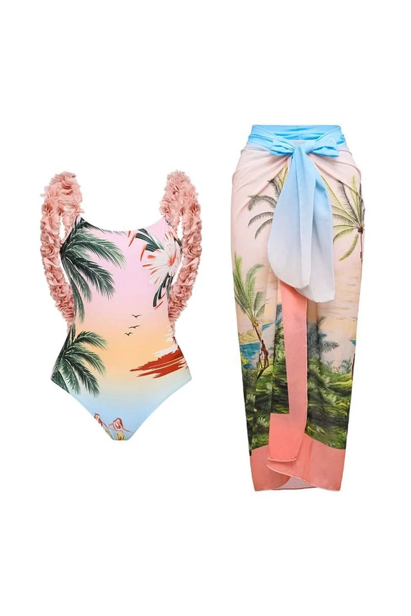 Coconut Tree Print Appliqué One-Piece Swimsuit-ROVOLE