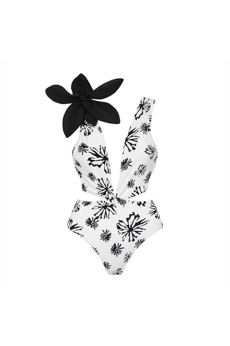 Floral Appliqué Printed White One-Piece Swimsuit-ROVOLE