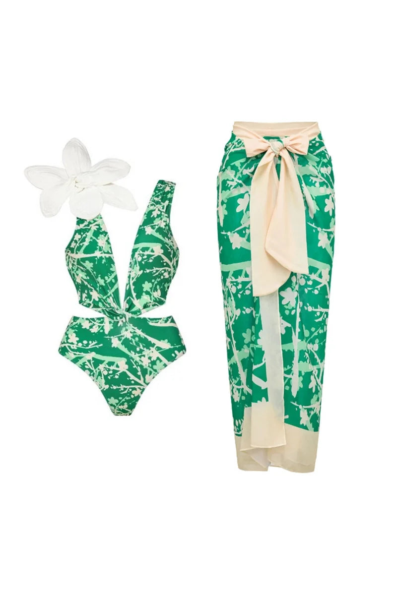 Floral Appliqué Green Printed One-Piece Swimsuit-ROVOLE