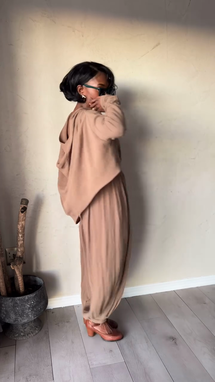 Taupe Off - the - Shoulder Top and Baggy Pants Set-Massicos