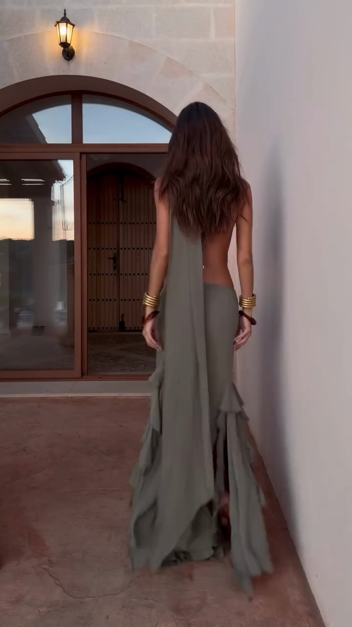 Olive Green Asymmetric Maxi Dress Set-ROVOLE