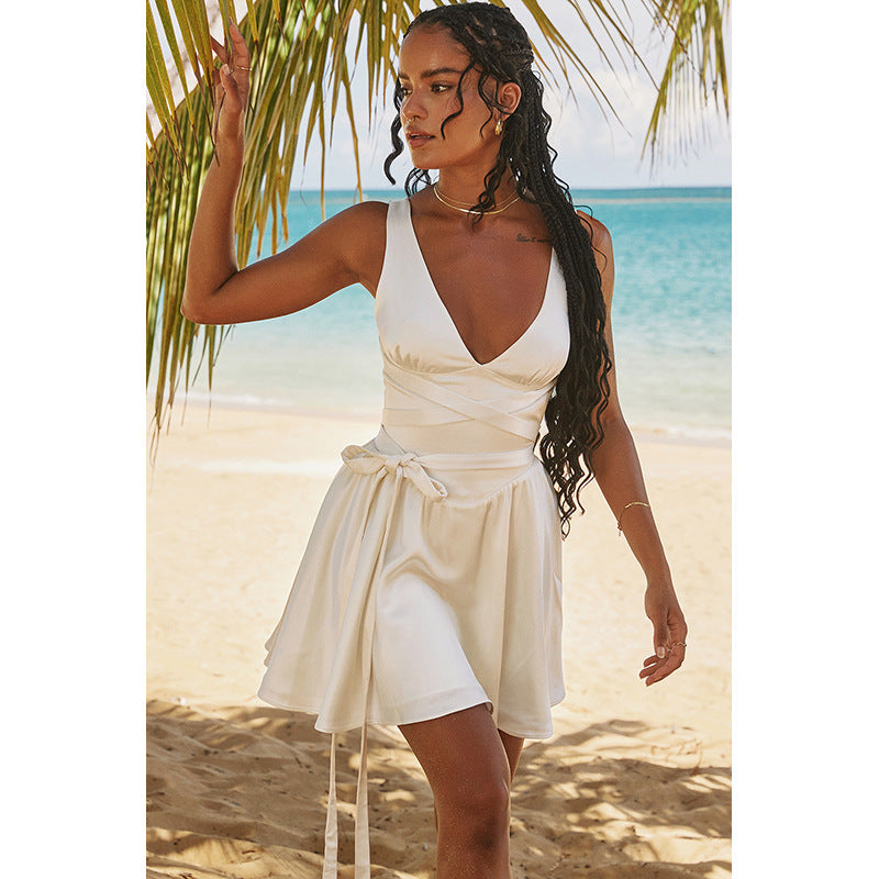 Shiema Ivory Satin Backless Dress-ROVOLE