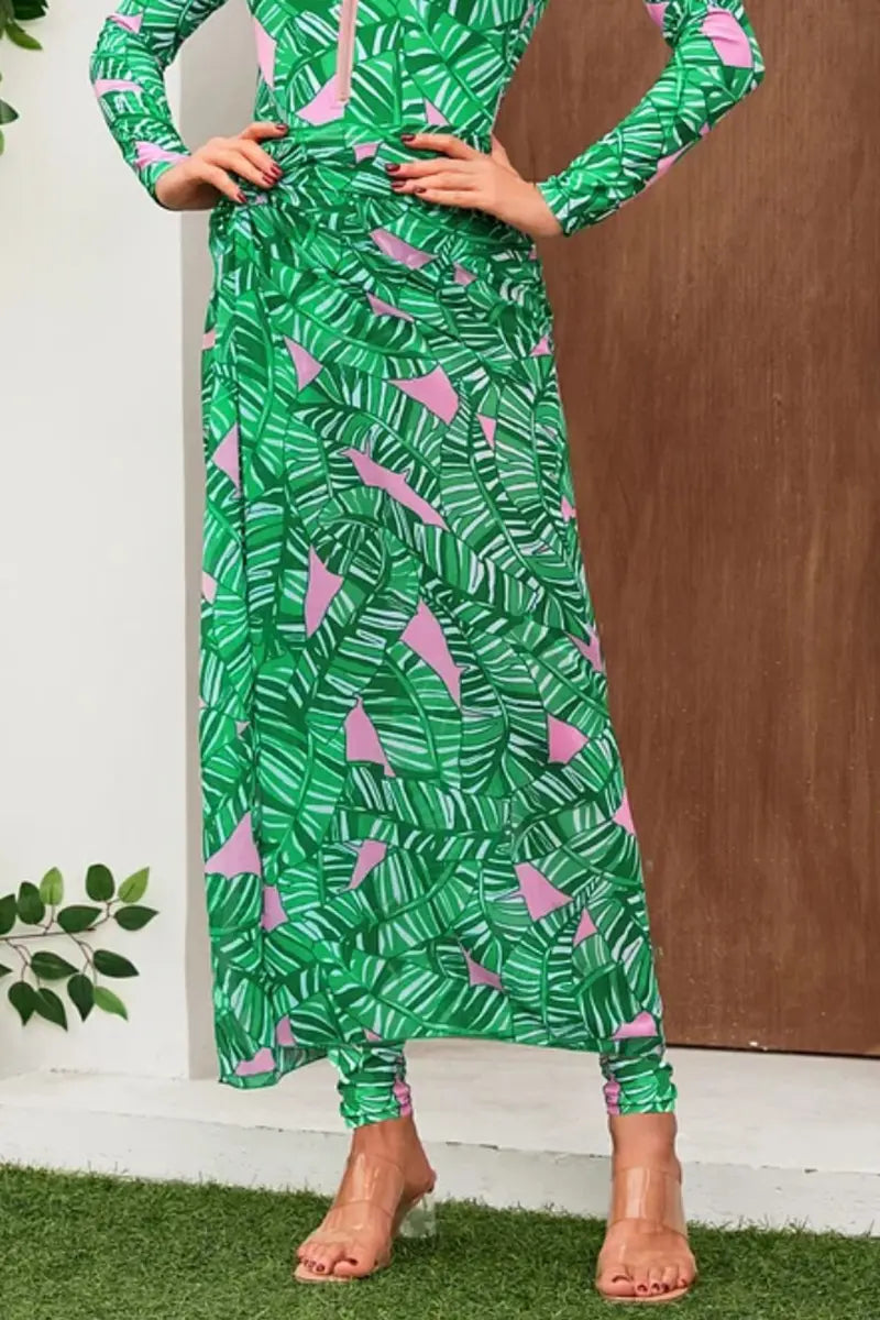 Green Zip Long Sleeve Printed Surf Swimsuit Set-ROVOLE