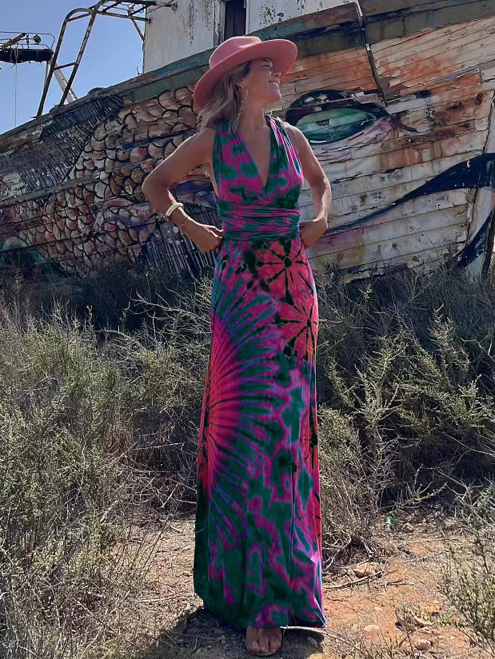 Tie-dye Print V-neck Cross Back Straps Stretch Maxi Dress-Massicos