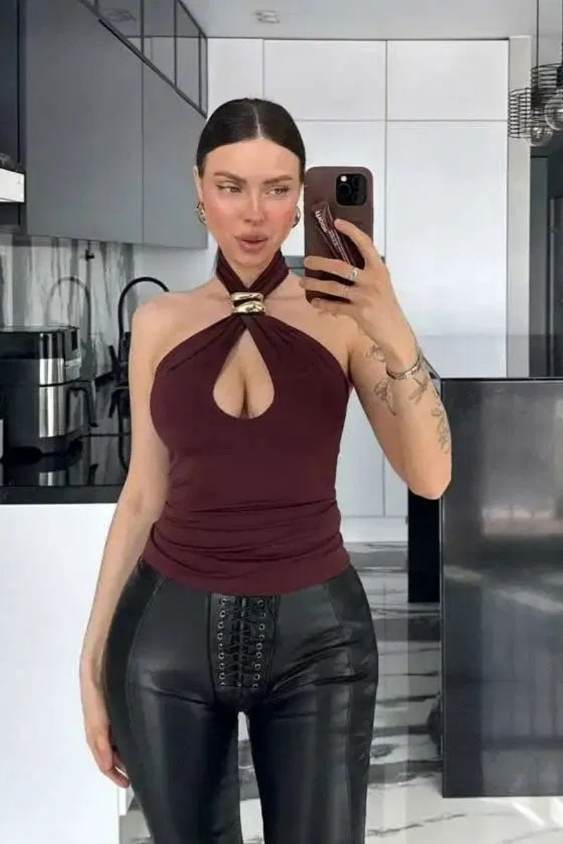 Crepe Halterneck Trim Detail Top-ROVOLE