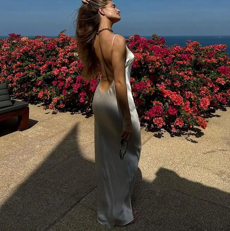 Sophia Satin Backless Long Dress-ROVOLE