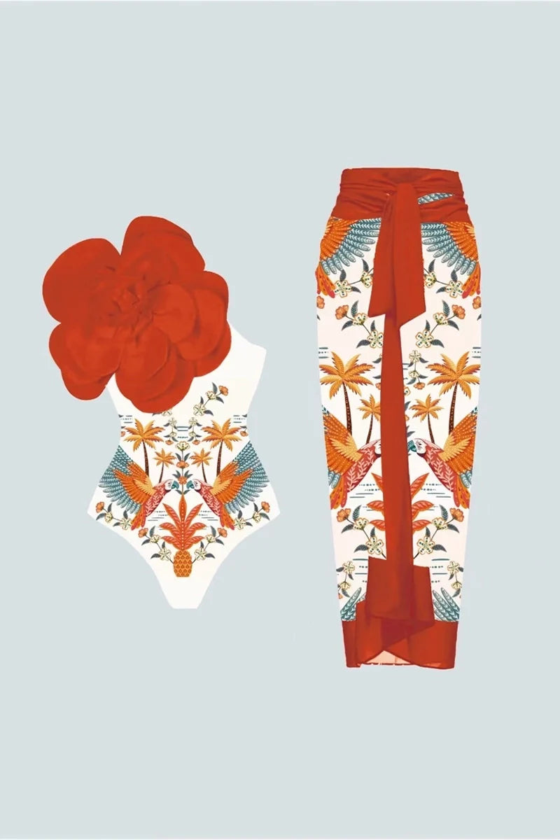Floral Print One-Piece with 3D Flower Detail-ROVOLE