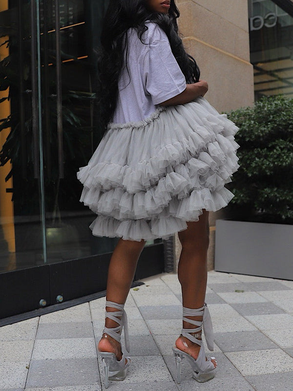 Gray Tulle - Ruffle Midi Dress-Massicos