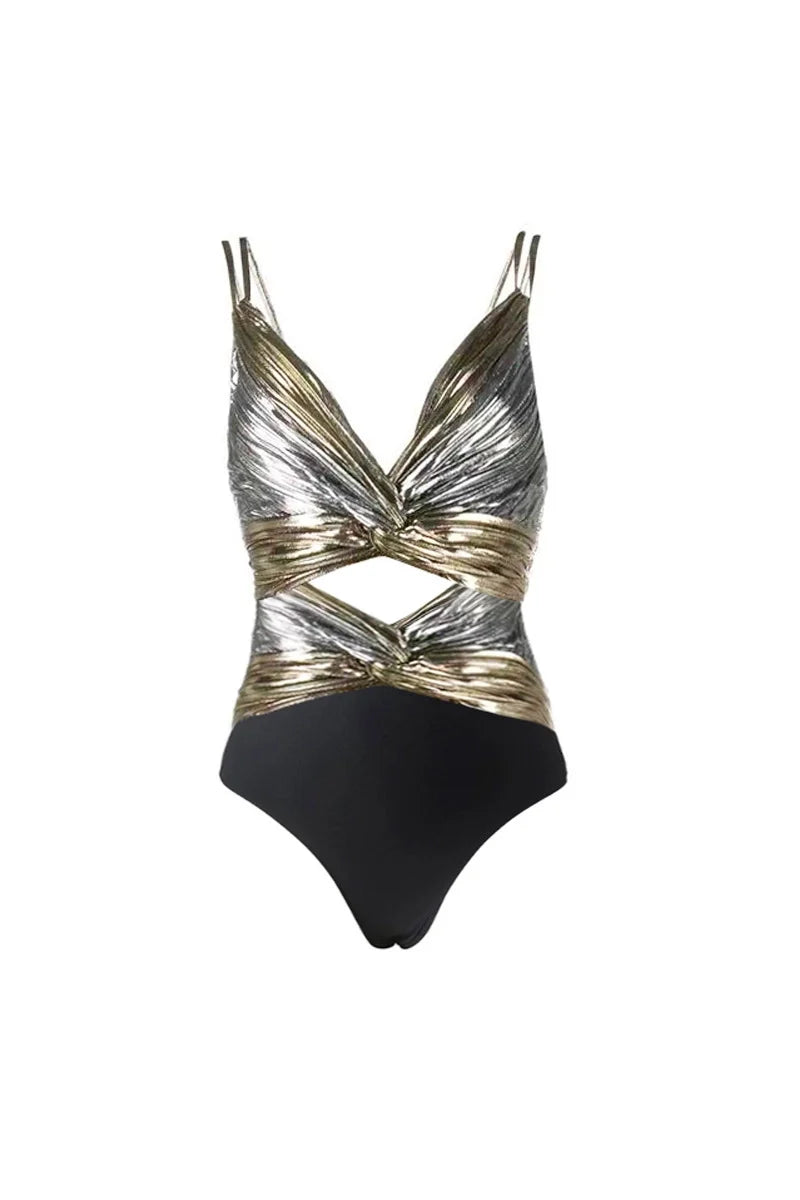 Cutout Silver Patchwork One-Piece with Skirt-ROVOLE