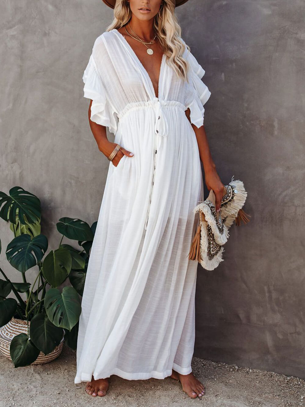 Button Cotton Linen Perfect Beach Boho Maxi Dress-Massicos