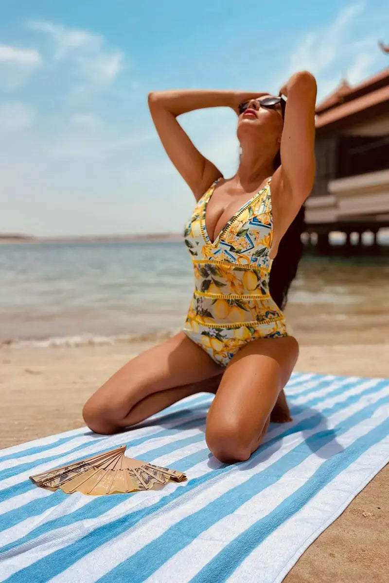 Mesh Lemon Print Swimsuit Set-ROVOLE