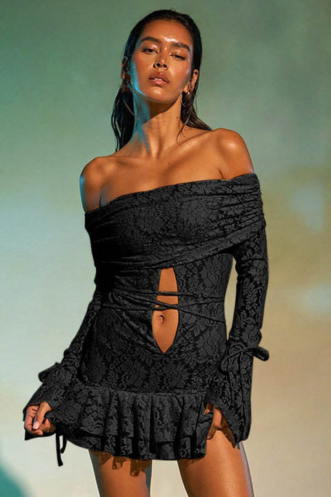 Elegant Ruffled Jacquard Off-Shoulder Mini Dress-ROVOLE
