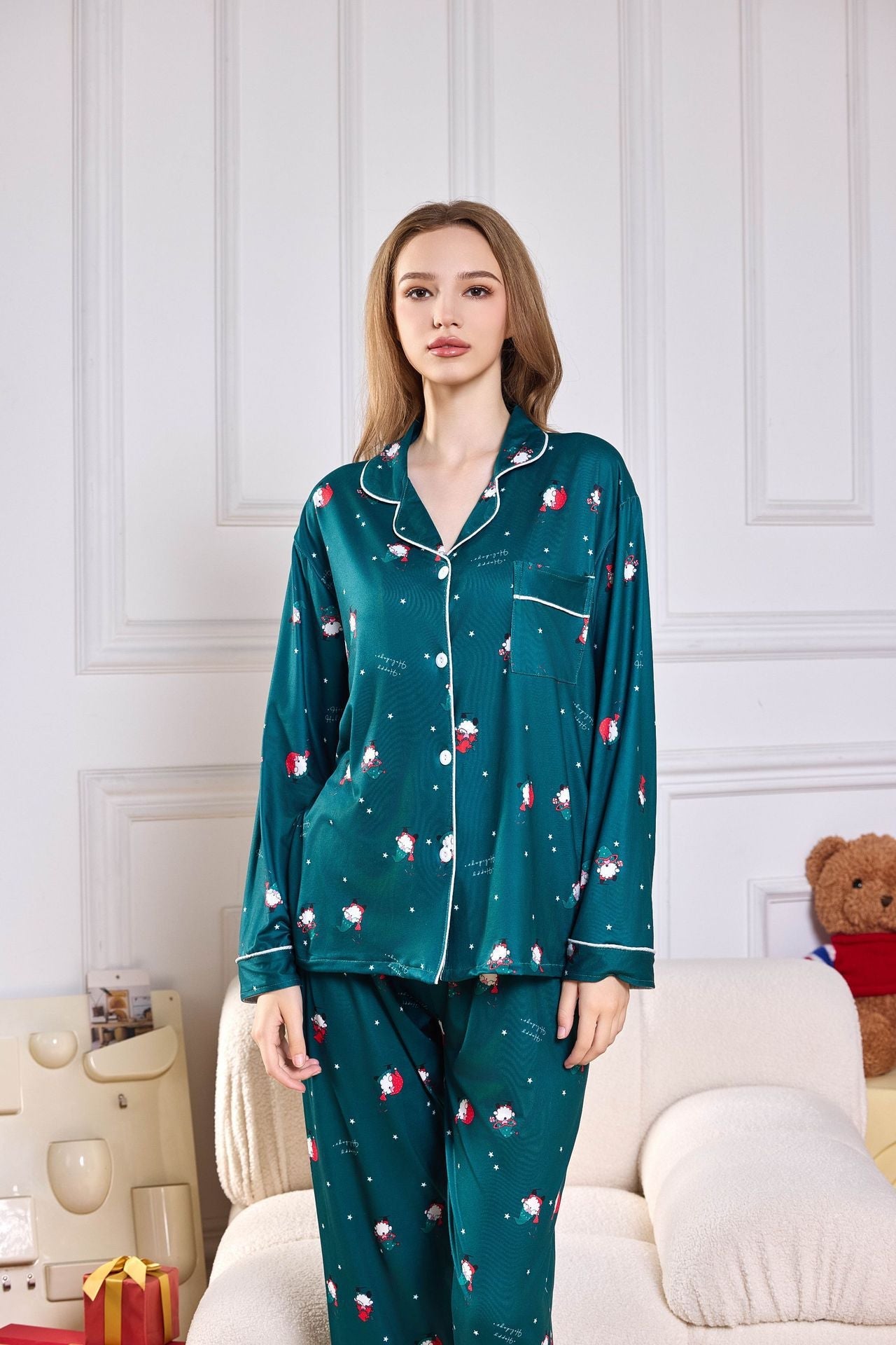 Pink Candy Cane Print Satin Long PJ Set-ROVOLE
