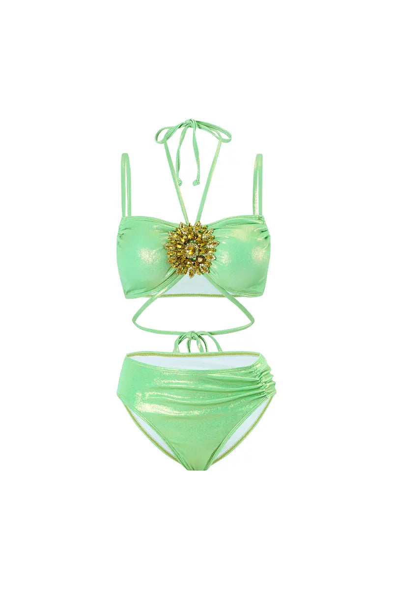 Mint Green Rhinestone Halter Bikini Set-ROVOLE