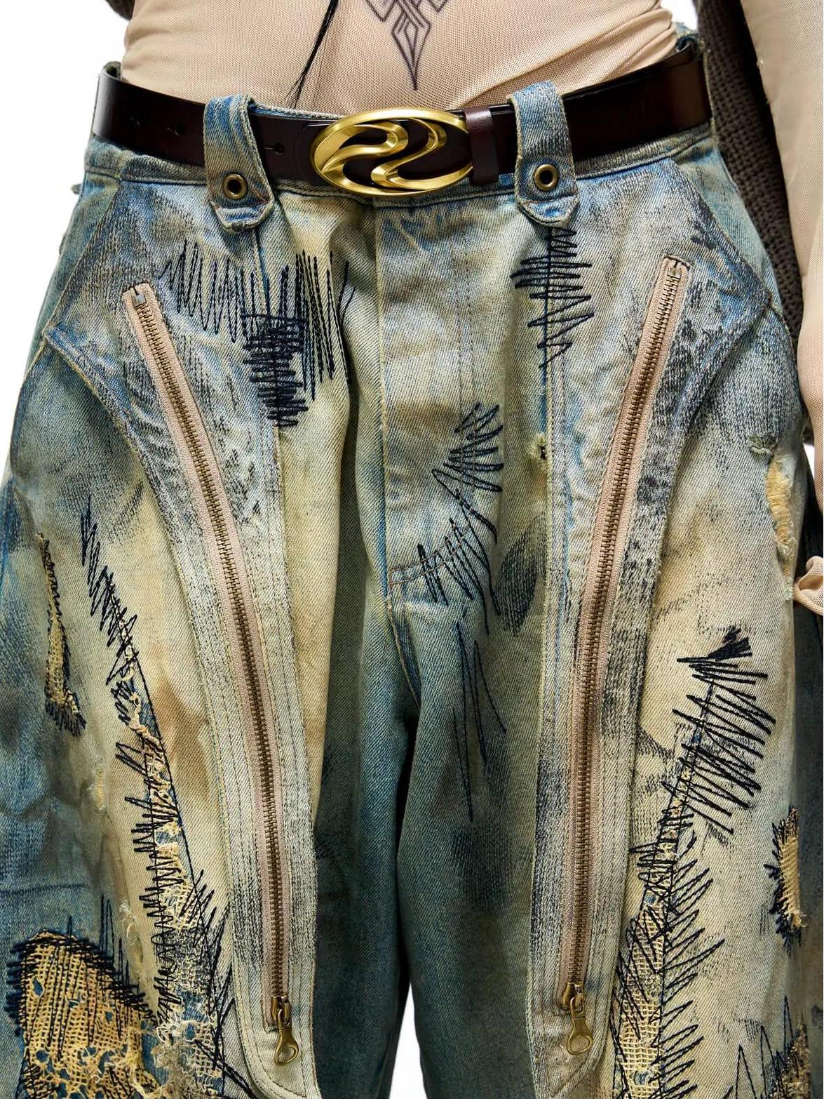 Plato-Dyed Embroidered Scimitar Jeans-Massicos