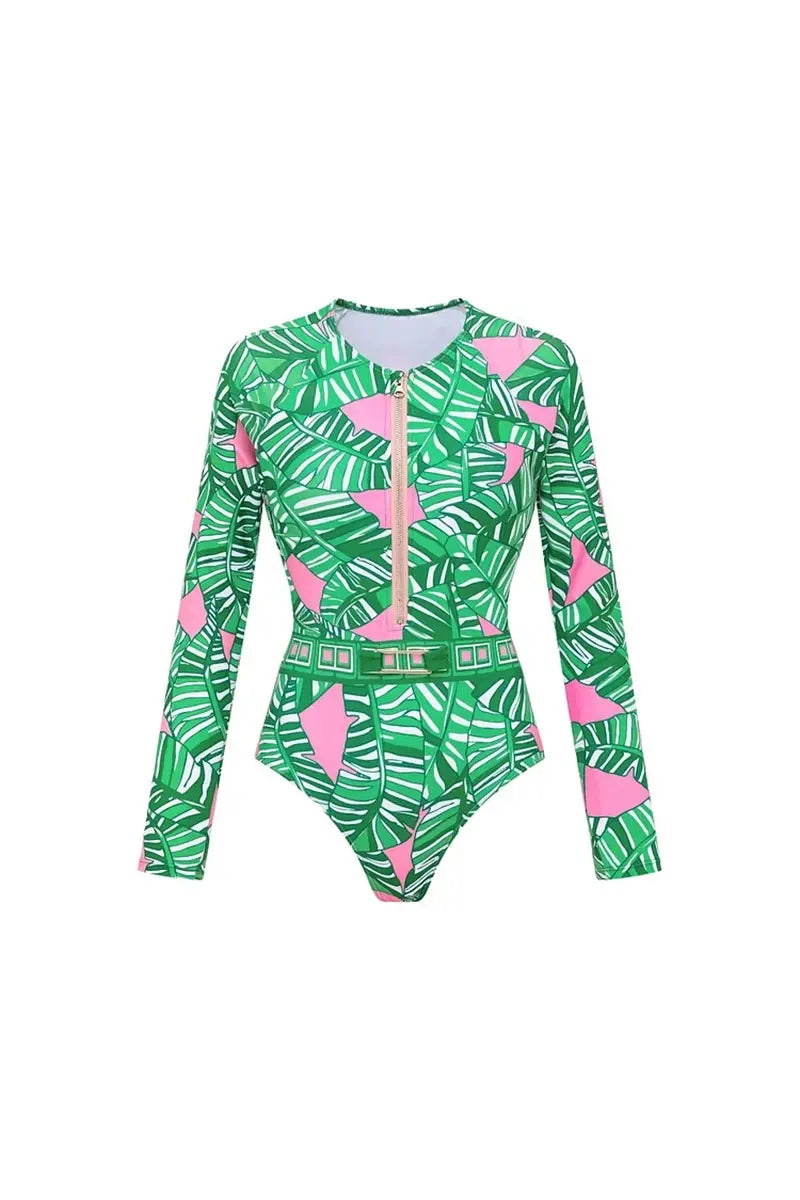 Green Zip Long Sleeve Printed Surf Swimsuit Set-ROVOLE