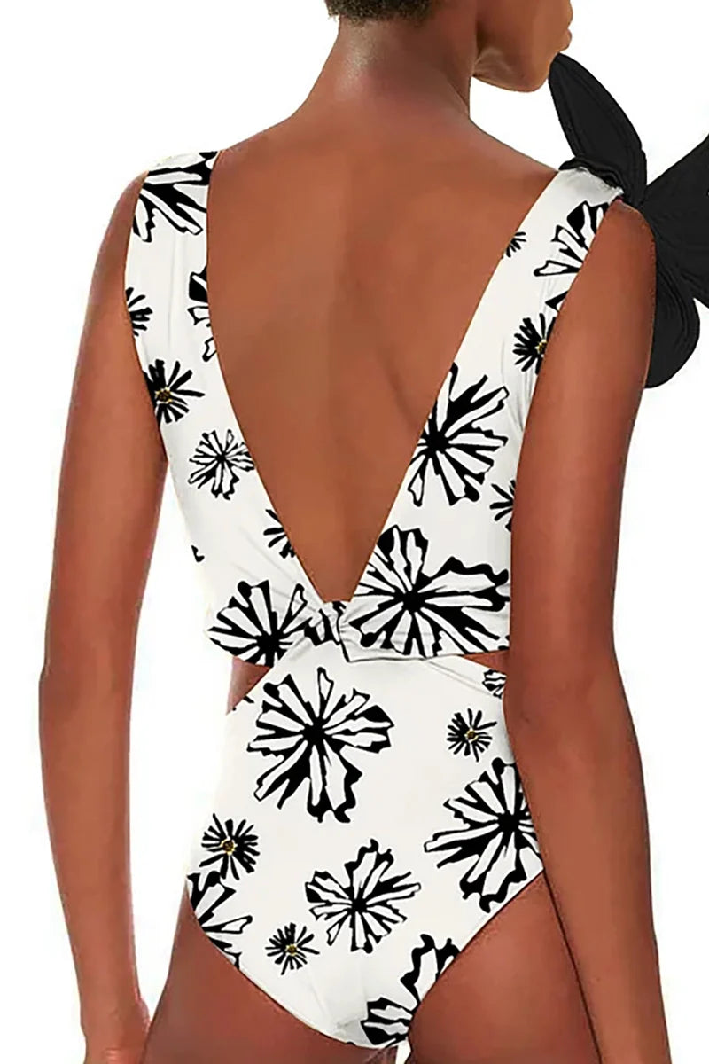 Floral Appliqué Printed White One-Piece Swimsuit-ROVOLE