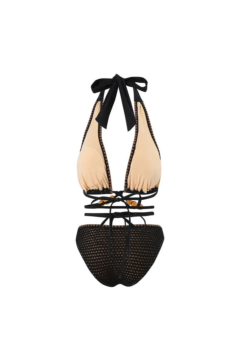 Beaded Knit Tie-String Black Bikini Set-ROVOLE