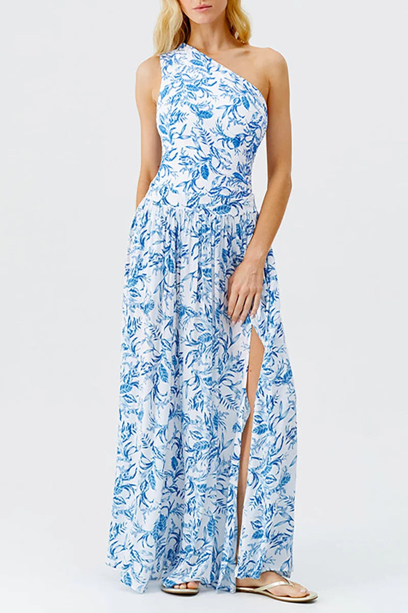 Fresh Floral One-Shoulder Blue Set-ROVOLE