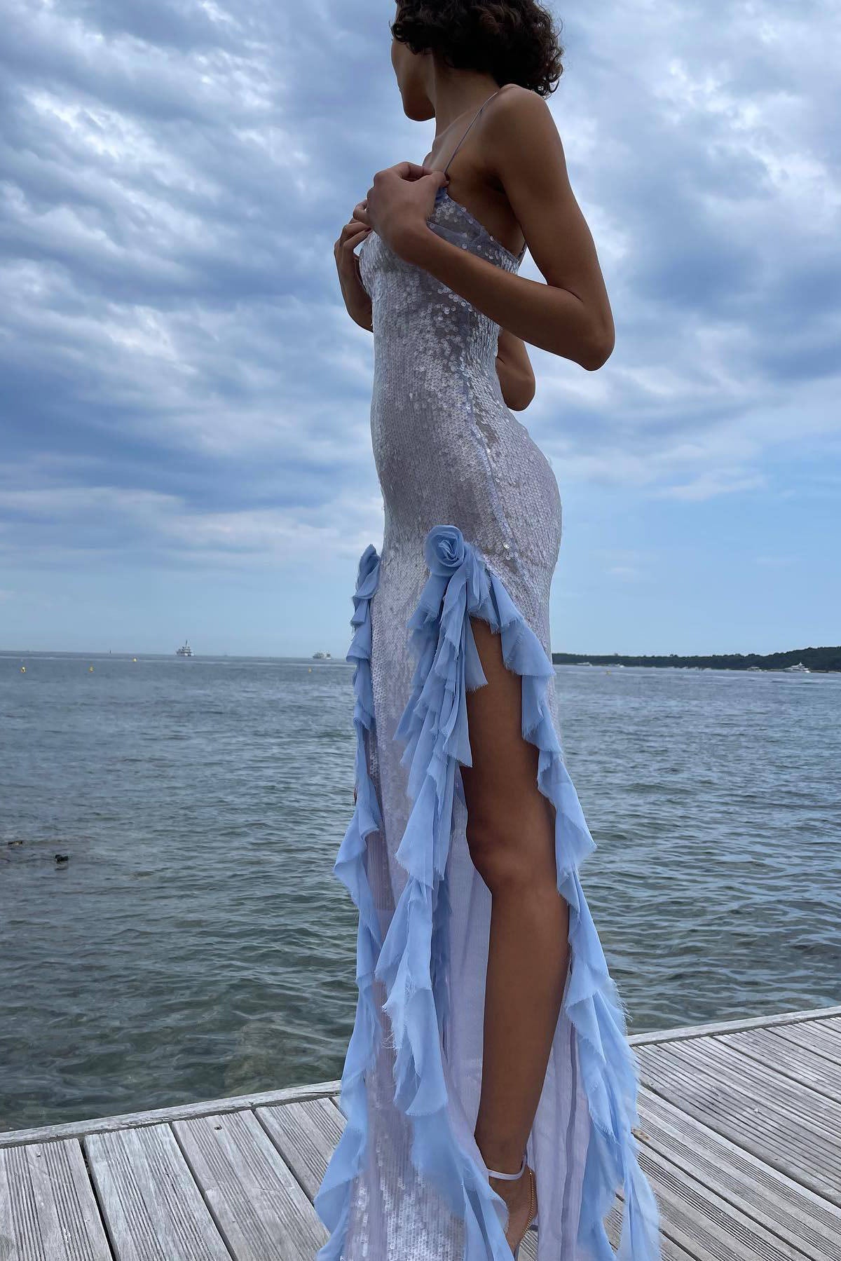 Sequin Sheer Side Slit Spaghetti Midi Dress-ROVOLE