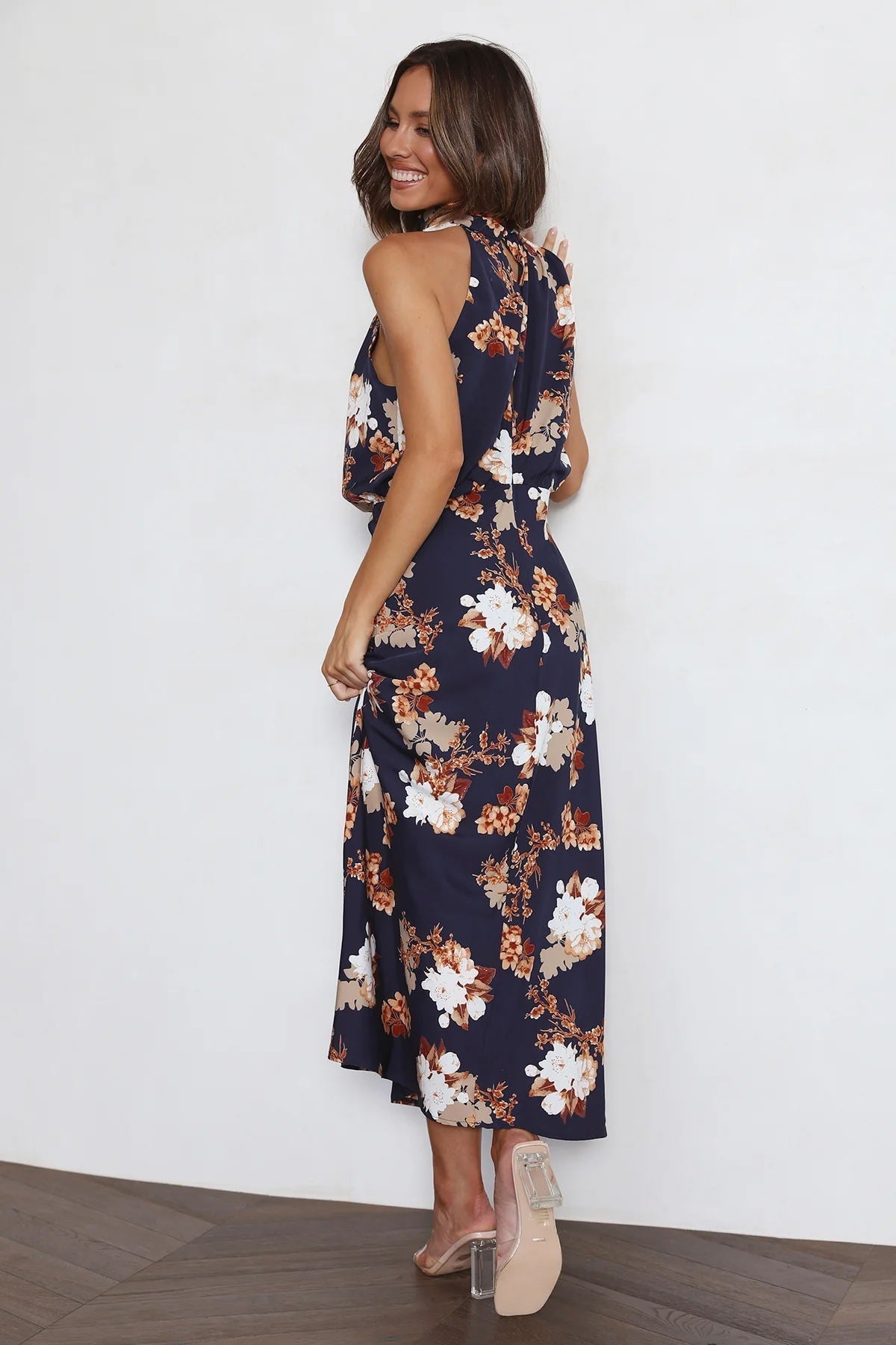 Wine Country Dates Floral Halter Neck Elastic Waist Maxi Dress-Massicos