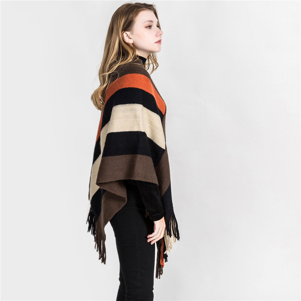 Striped color-blocked tassel ponchos-Massicos