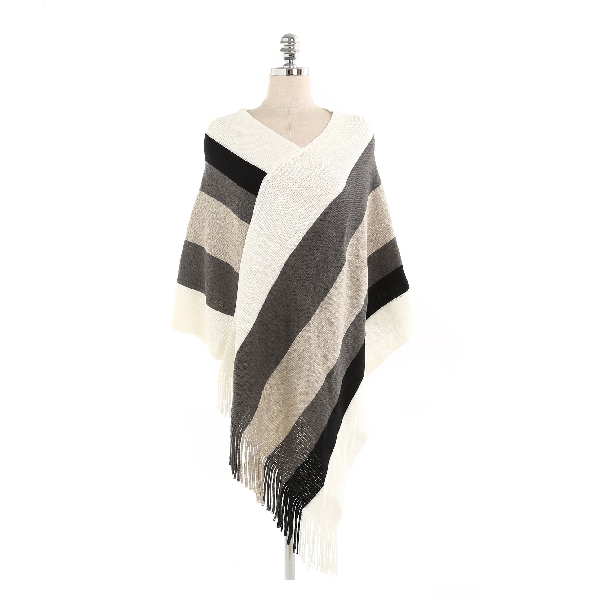 Striped color-blocked tassel ponchos-Massicos