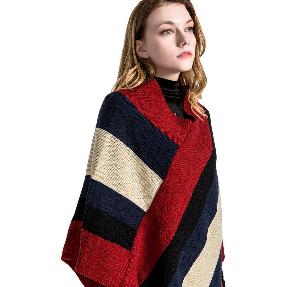Striped color-blocked tassel ponchos-Massicos