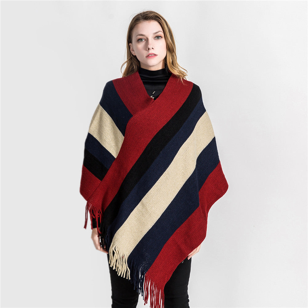 Striped color-blocked tassel ponchos-Massicos