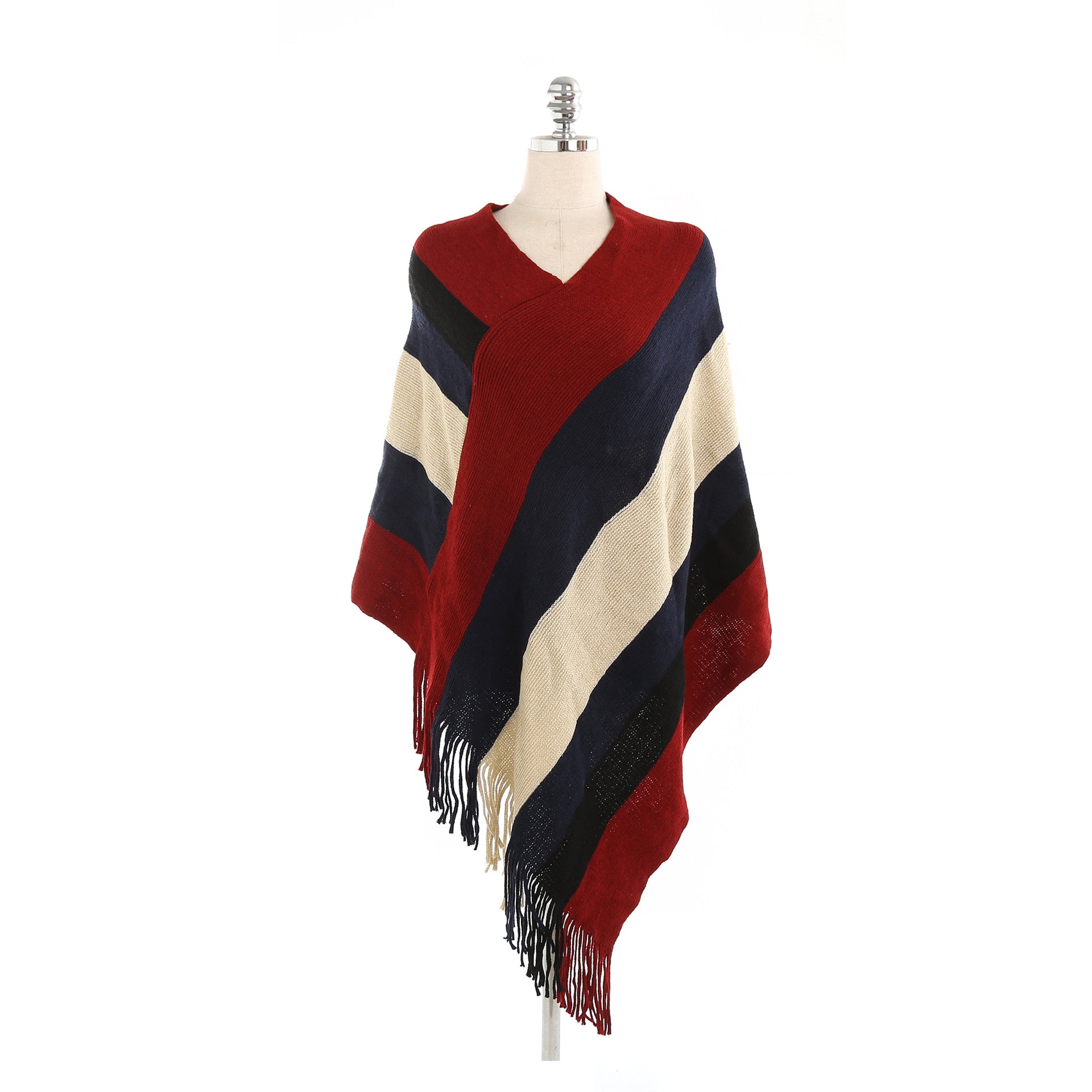 Striped color-blocked tassel ponchos-Massicos