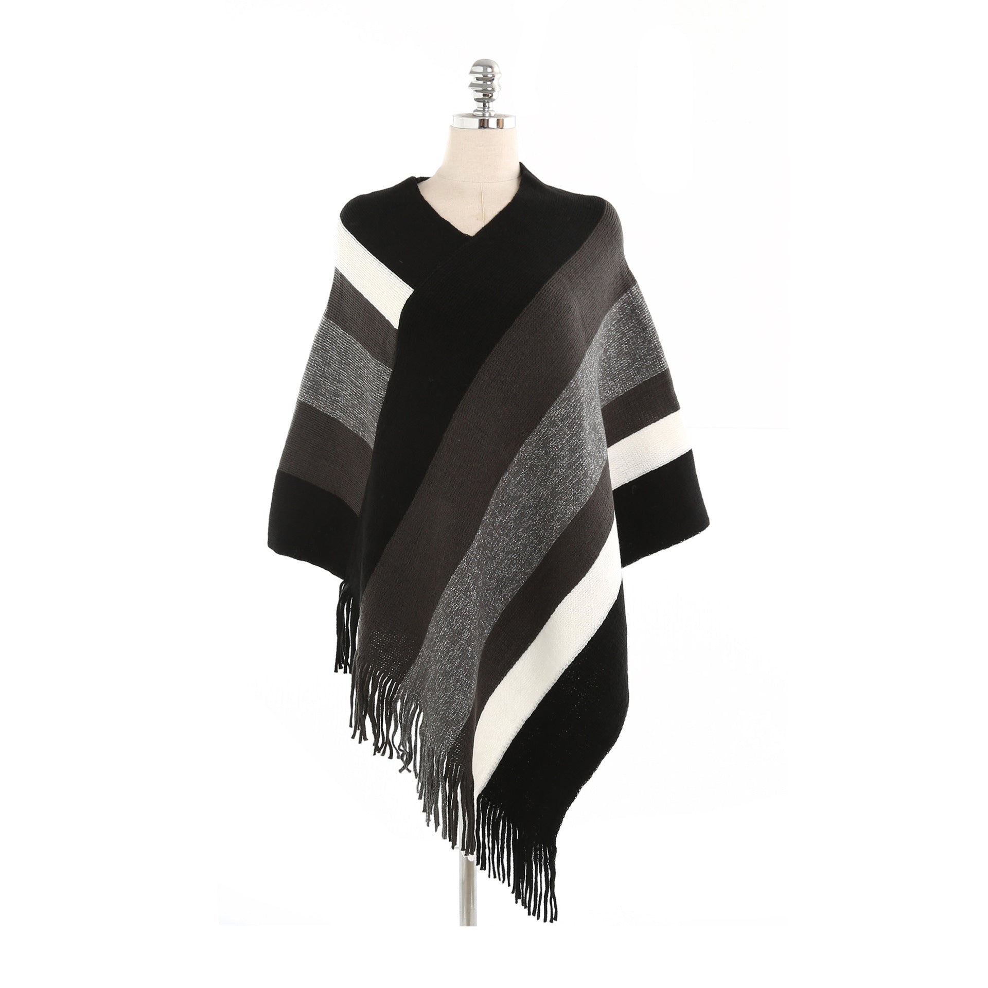 Striped color-blocked tassel ponchos-Massicos