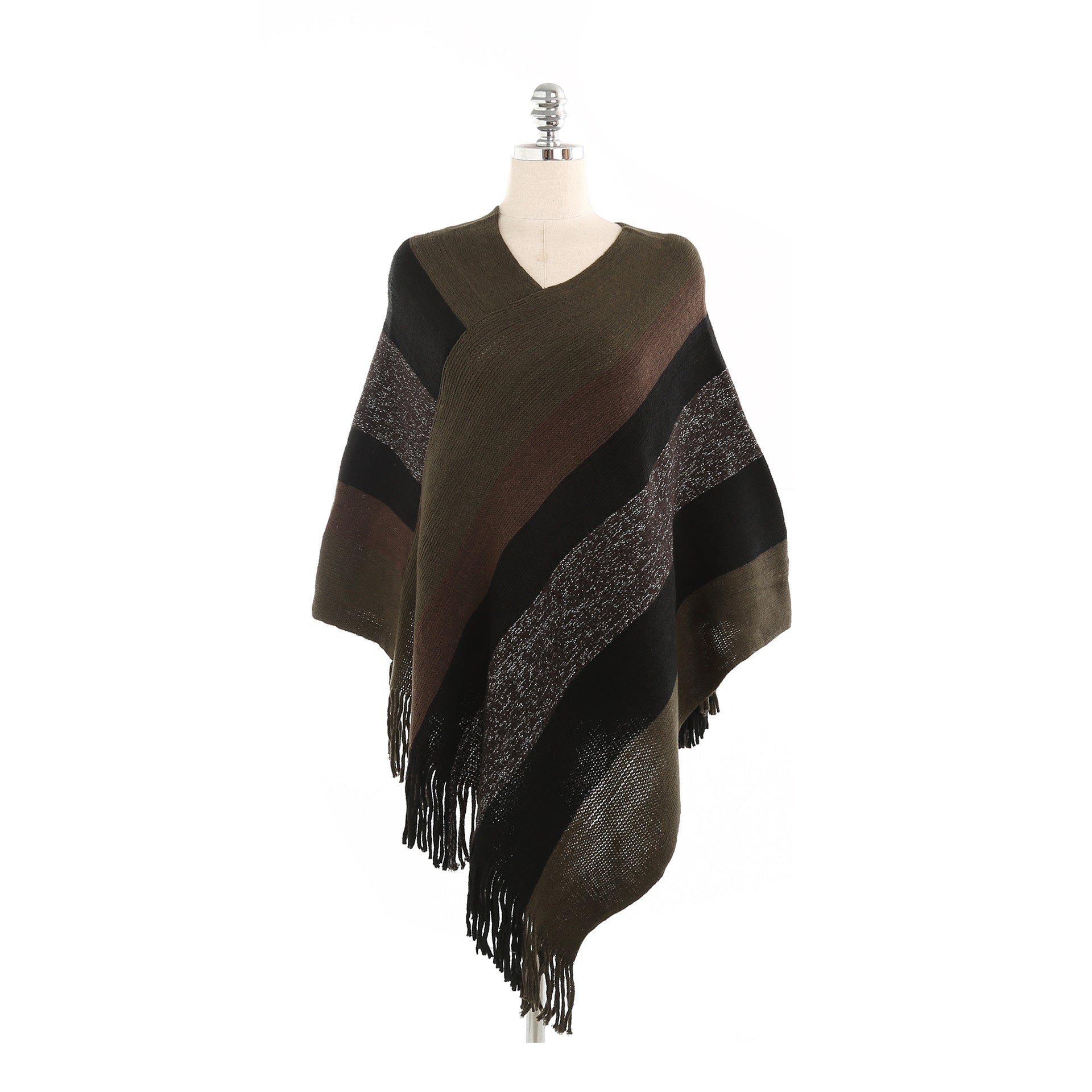 Striped color-blocked tassel ponchos-Massicos