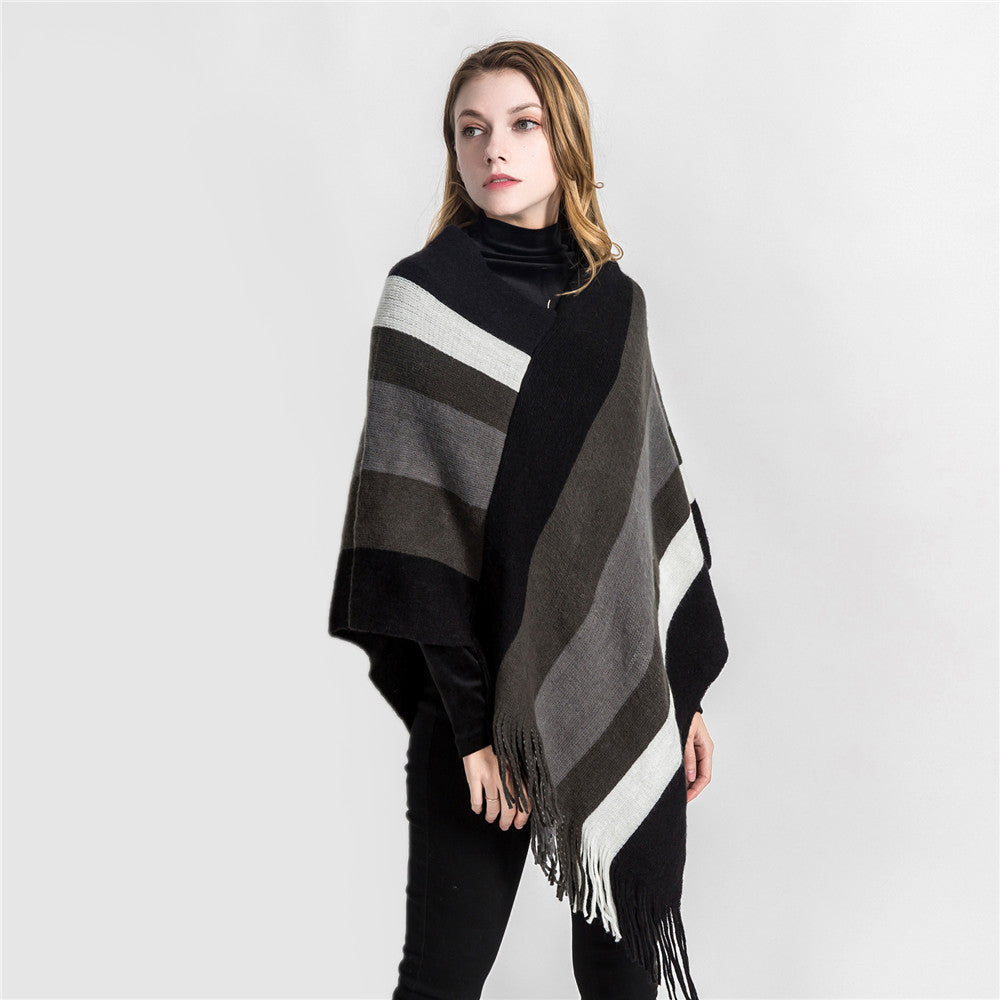 Striped color-blocked tassel ponchos-Massicos