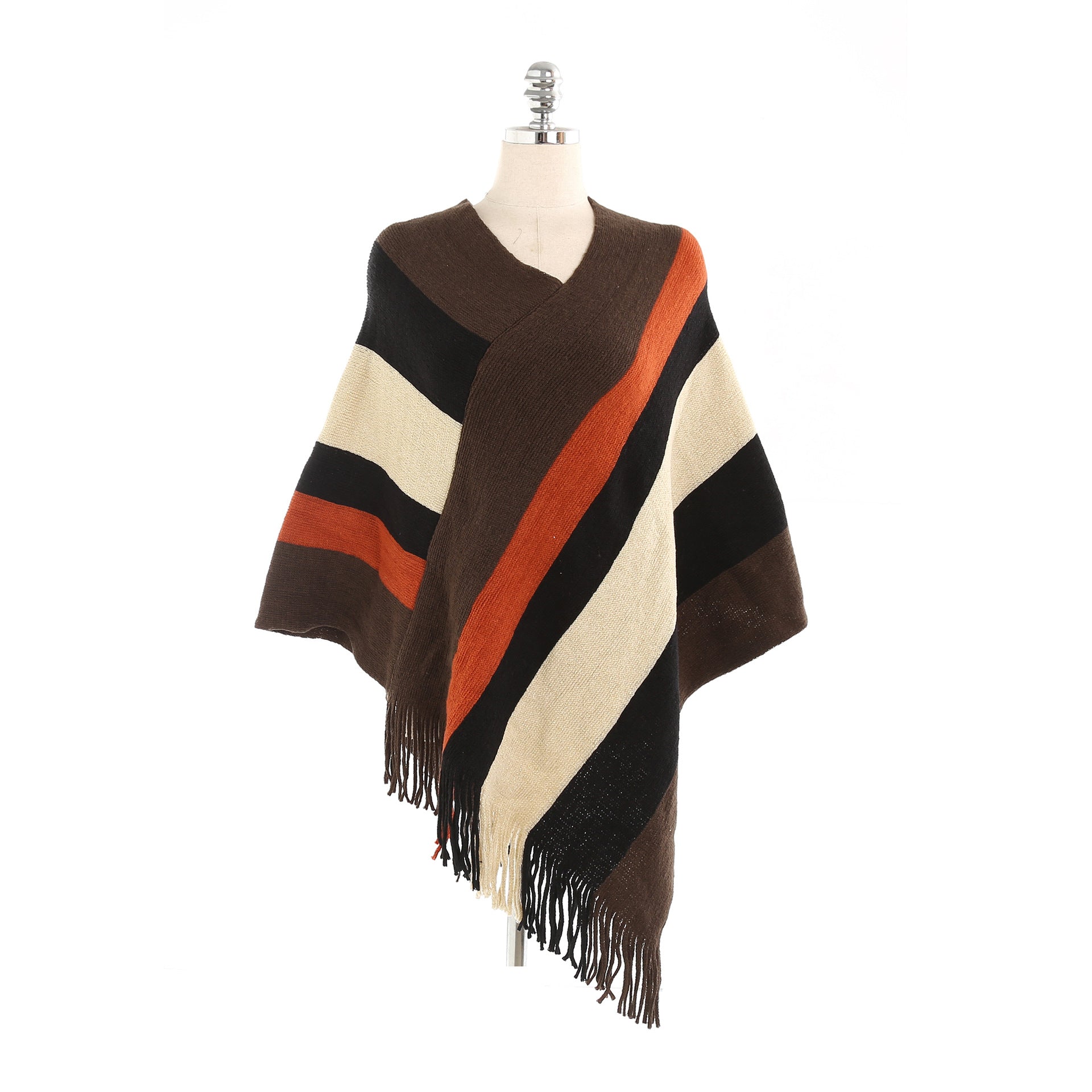 Striped color-blocked tassel ponchos-Massicos